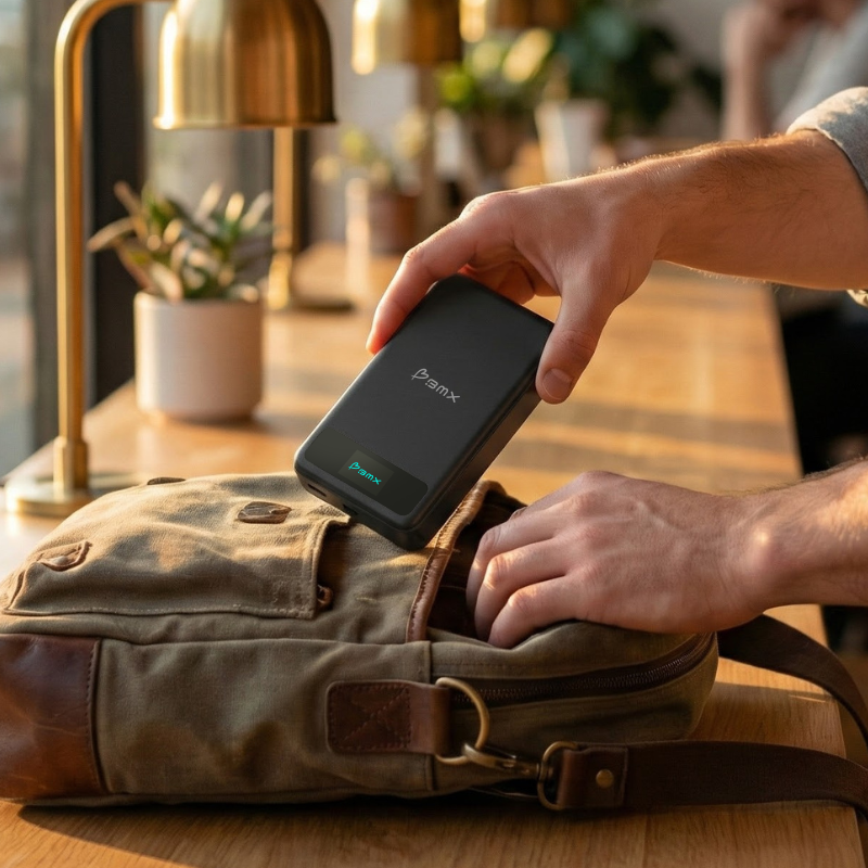 Person placing a power bank into a bag