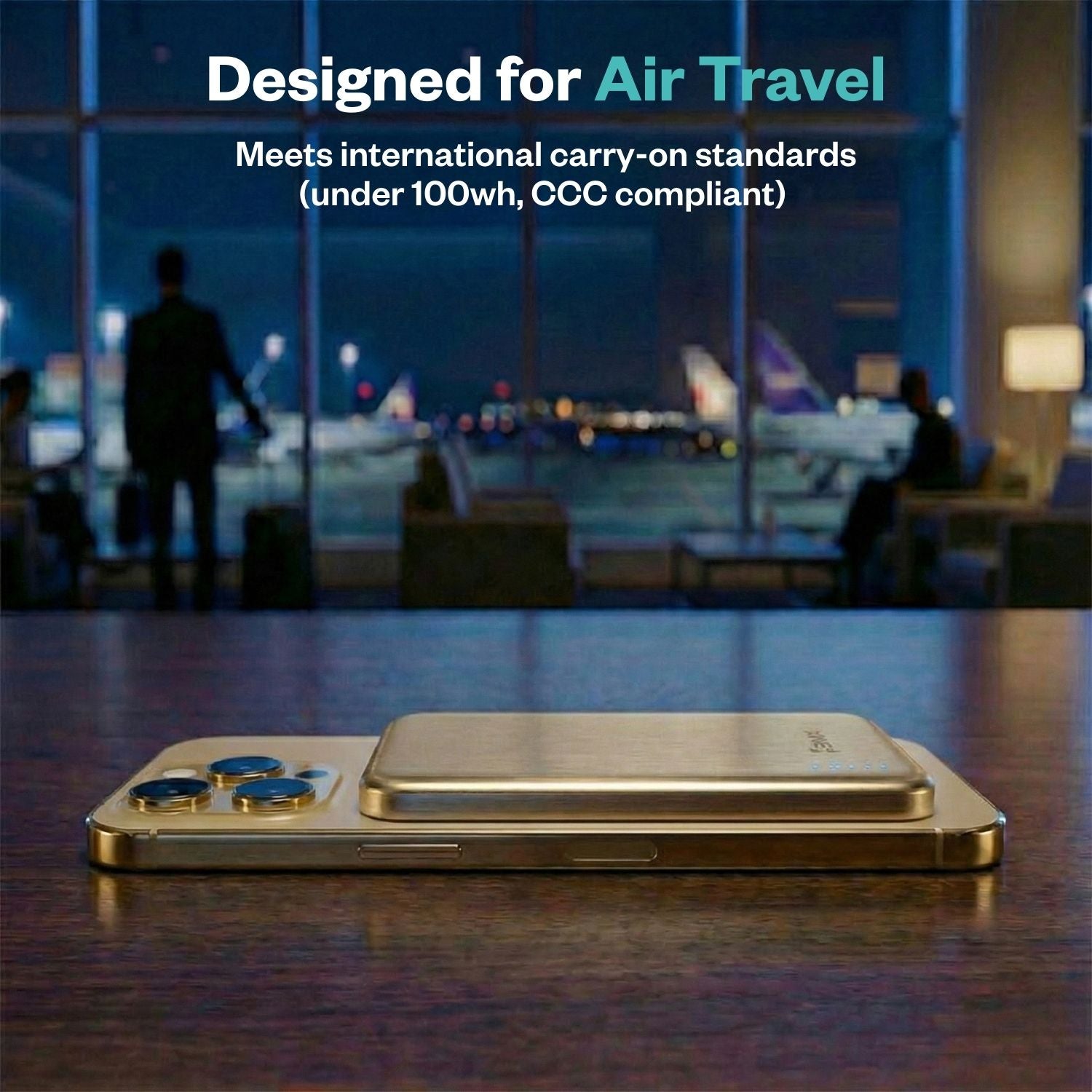 SolidSafe Air 5K Gold at airport - airline-safe solid-state power bank under 100Wh for carry-on travel