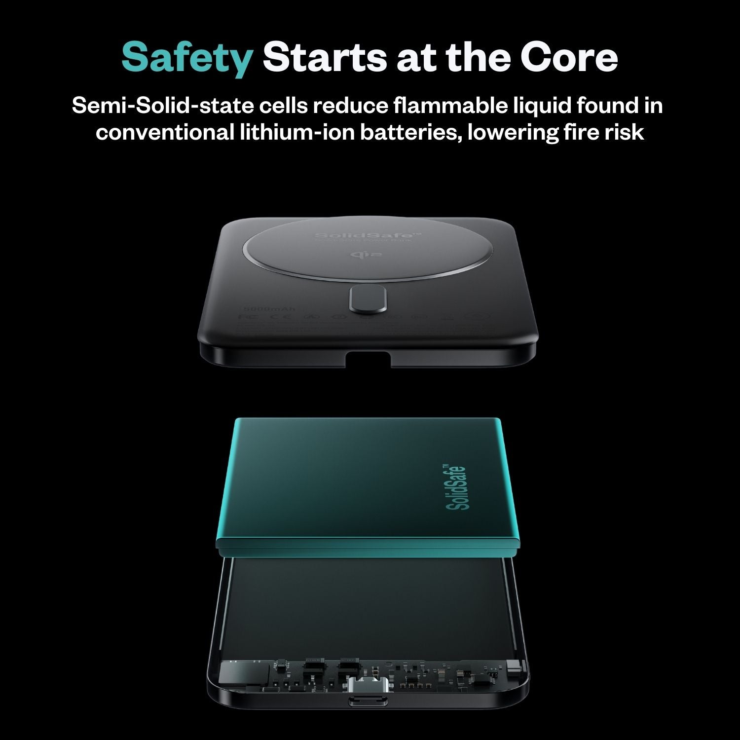 SolidSafe Air semi-solid-state cell cutaway - safer battery core with reduced flammable liquid vs lithium-ion