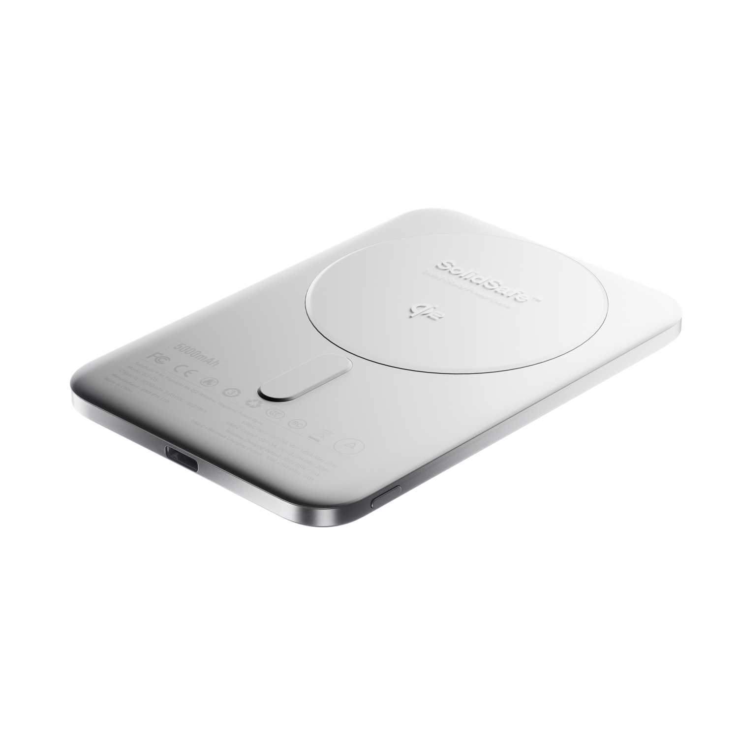 SolidSafe Air 5K Silver with iPhone flat angle - 6.8mm magnetic wireless power bank by BMX