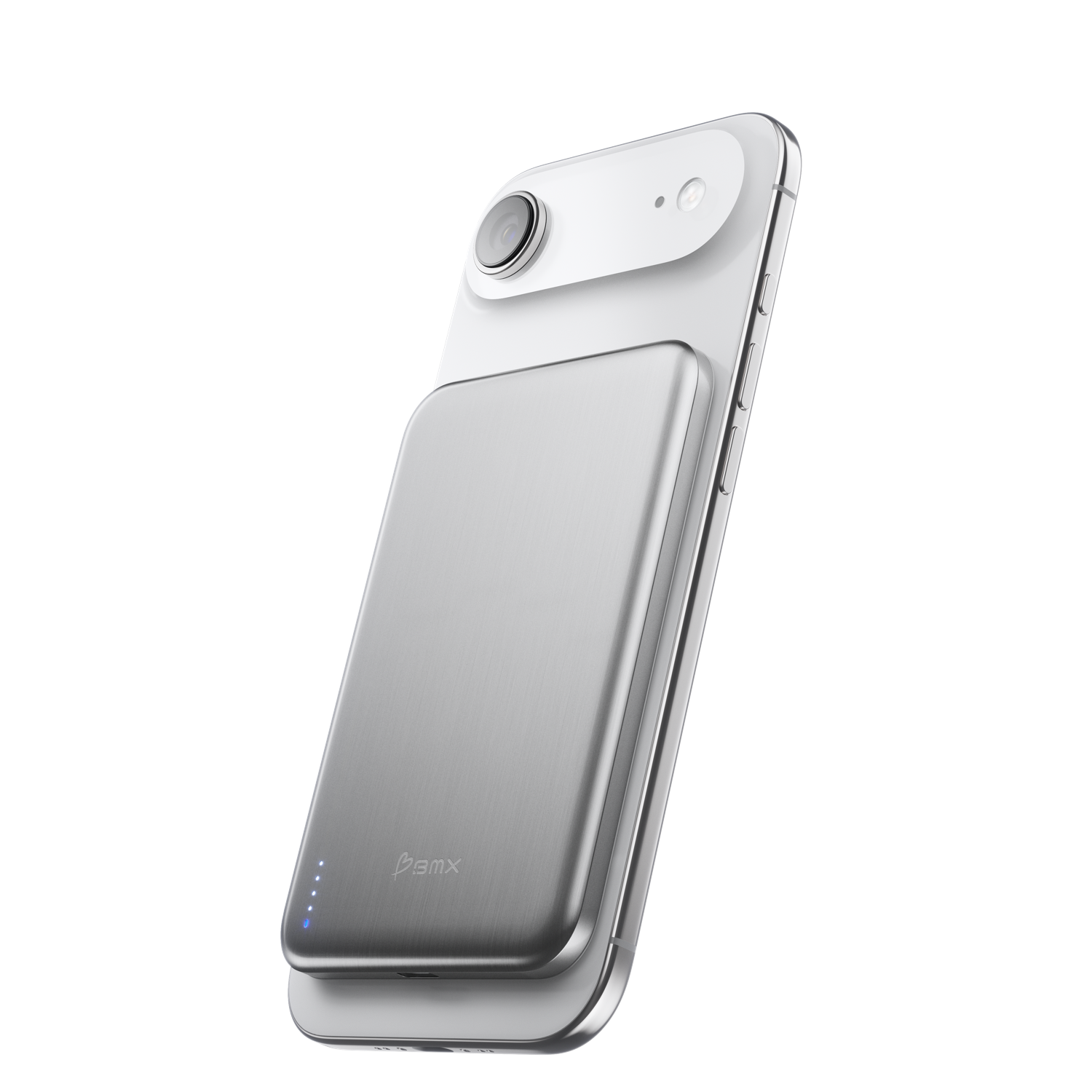 SolidSafe Air 5K Silver magnetically attached to iPhone - Qi2 wireless charging power bank by BMX