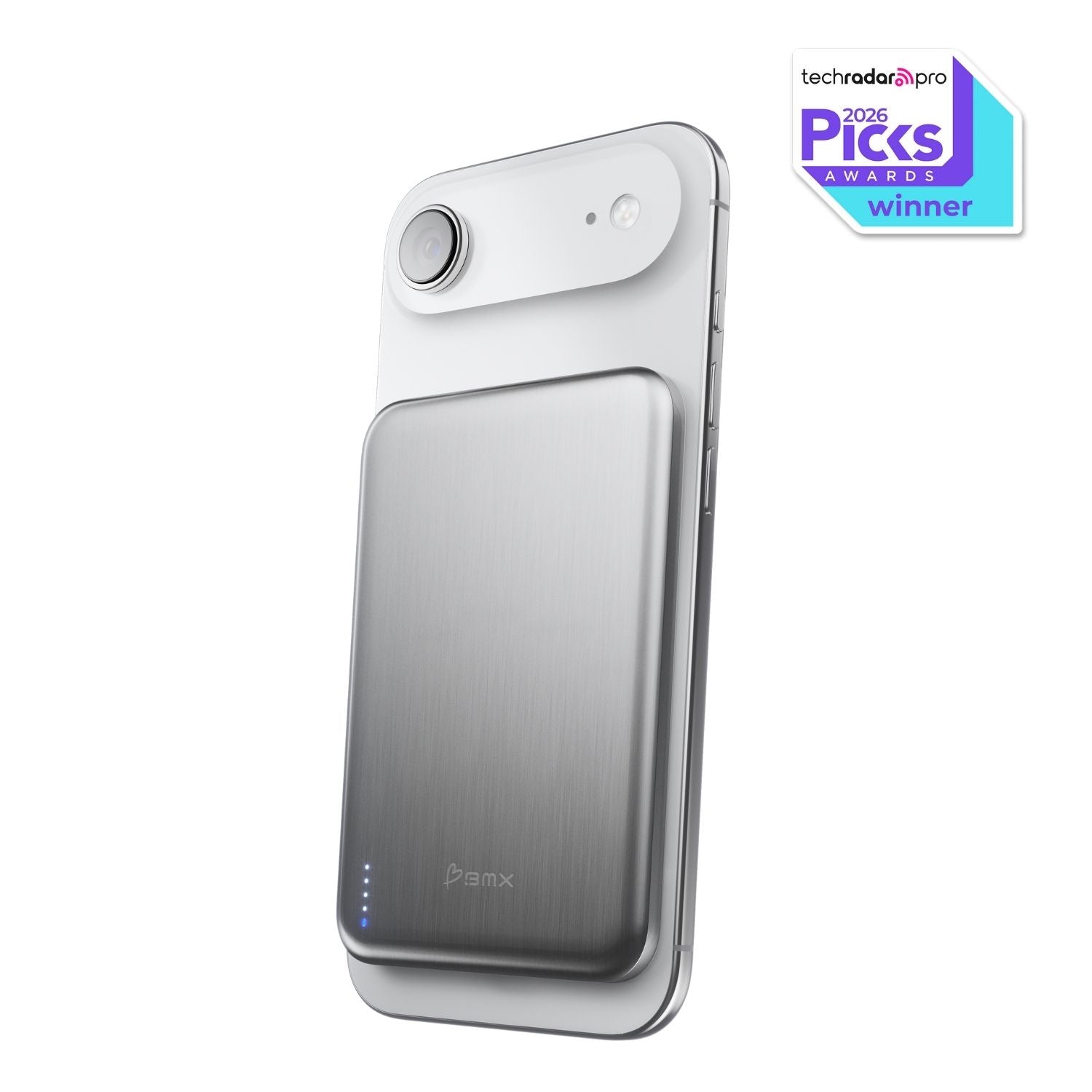 SolidSafe Air 5K Silver with TechRadar Pro Picks 2026 Award - solid-state Qi2 power bank with titanium enclosure by BMX