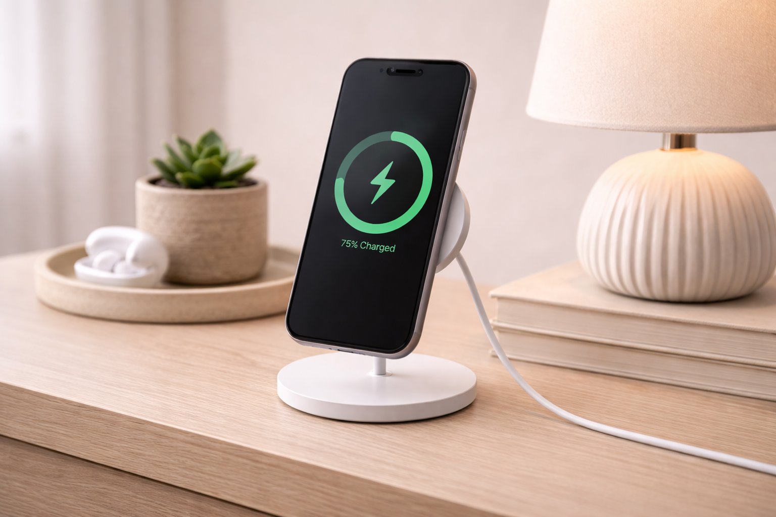  Smartphone charging on a white wireless stand beside a lamp and a plant.