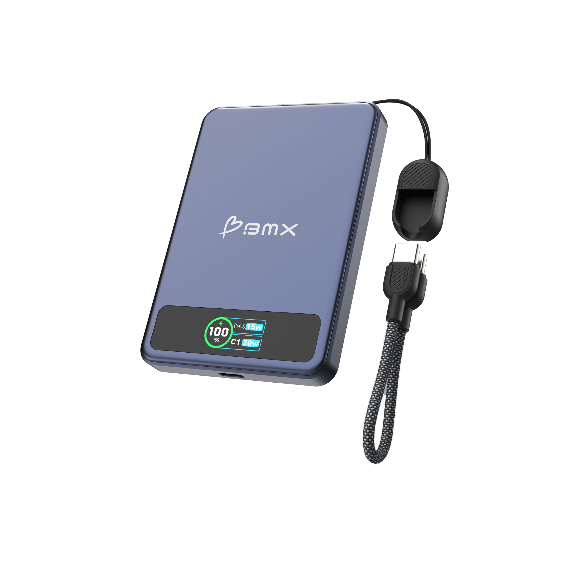 BMX SolidSafe 5K with built-in USB-C cable unwrapped, doubling as a carrying lanyard