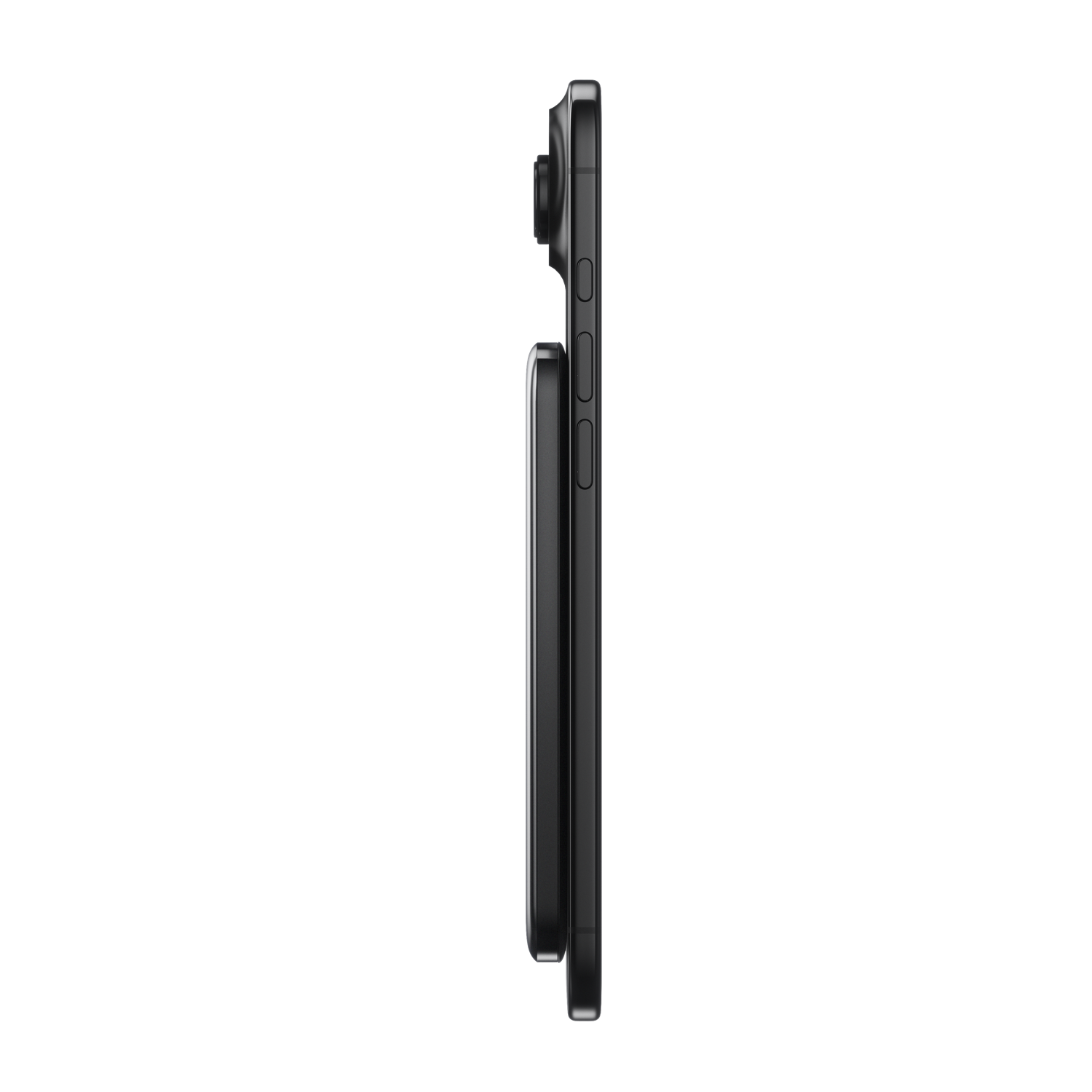 SolidSafe Air 5K Black side profile with iPhone - 6.8mm ultra-slim titanium solid-state power bank