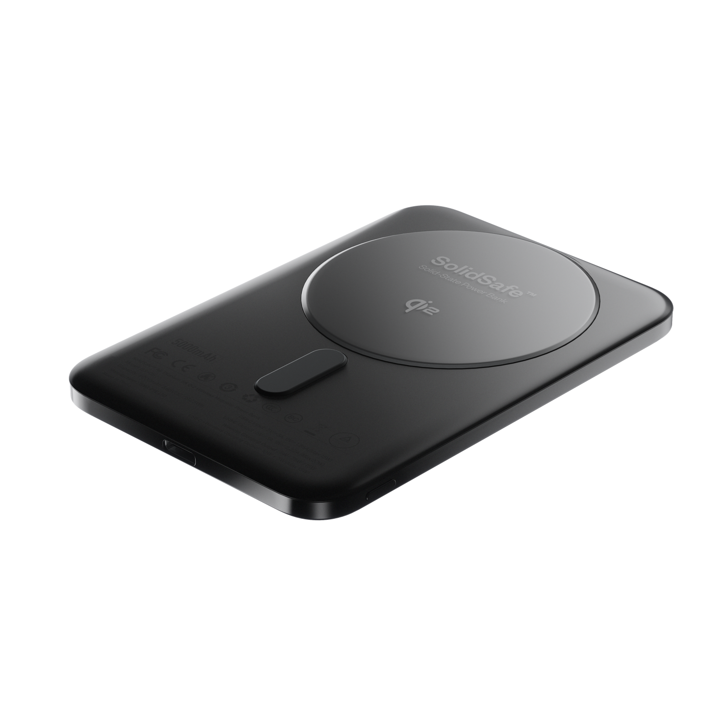 SolidSafe Air 5K Black with iPhone angled view - 6.8mm magnetic wireless power bank by BMX