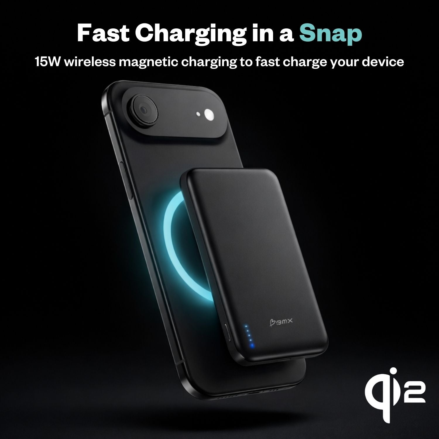 SolidSafe Air 5K Black Qi2 wireless charging on iPhone - 15W magnetic fast charging power bank