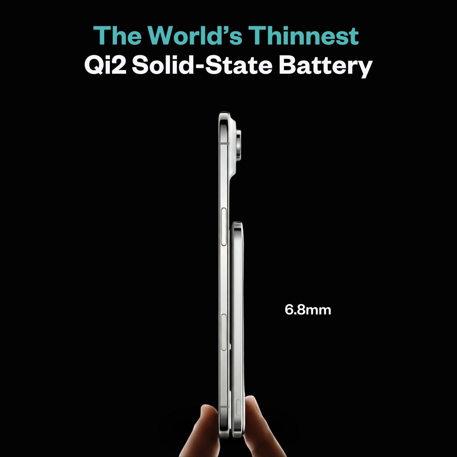 SolidSafe Air 5K Silver side profile showing 6.8mm thickness - world's thinnest Qi2 solid-state power bank