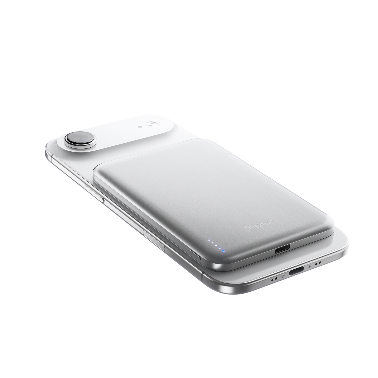 SolidSafe Air 5K Silver on iPhone angled view - slim magnetic Qi2 solid-state power bank by BMX
